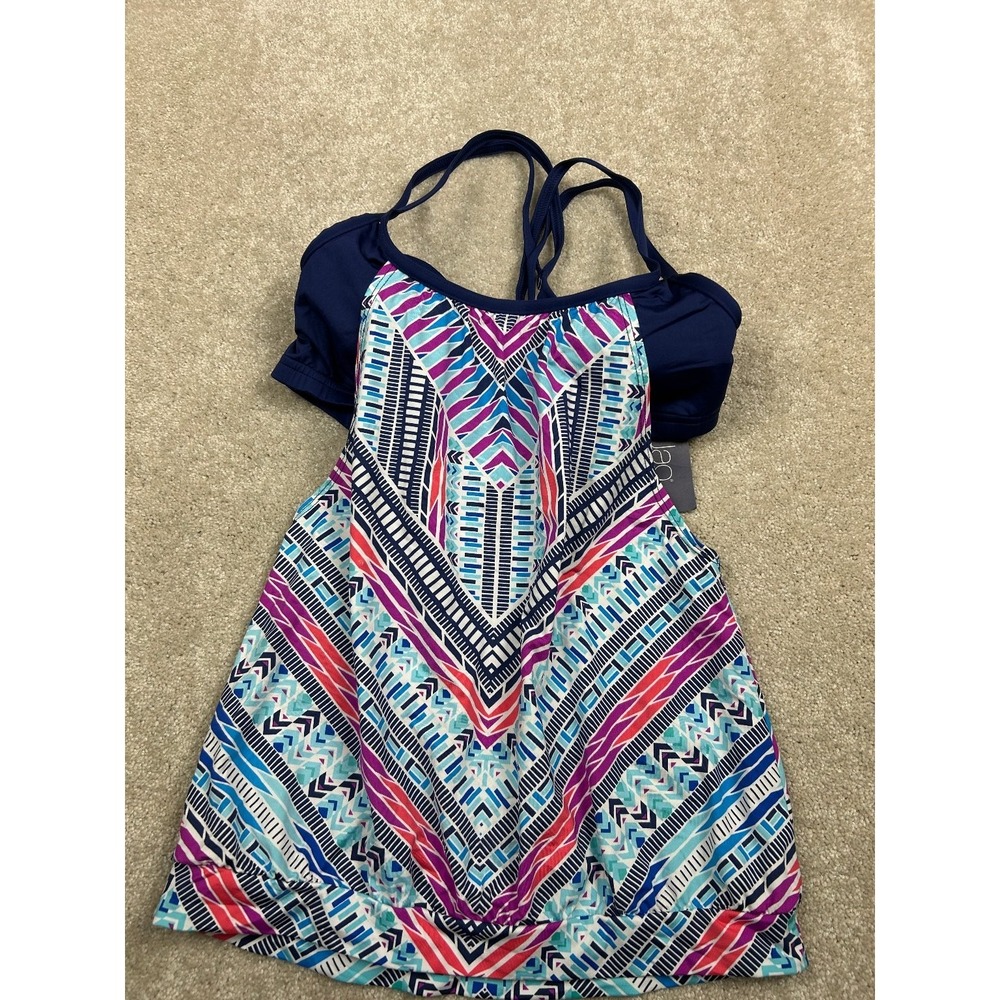 Jag Tankini Swimsuit Set Women's S Navy Blue Multi‎ Geometric Blouson Padded